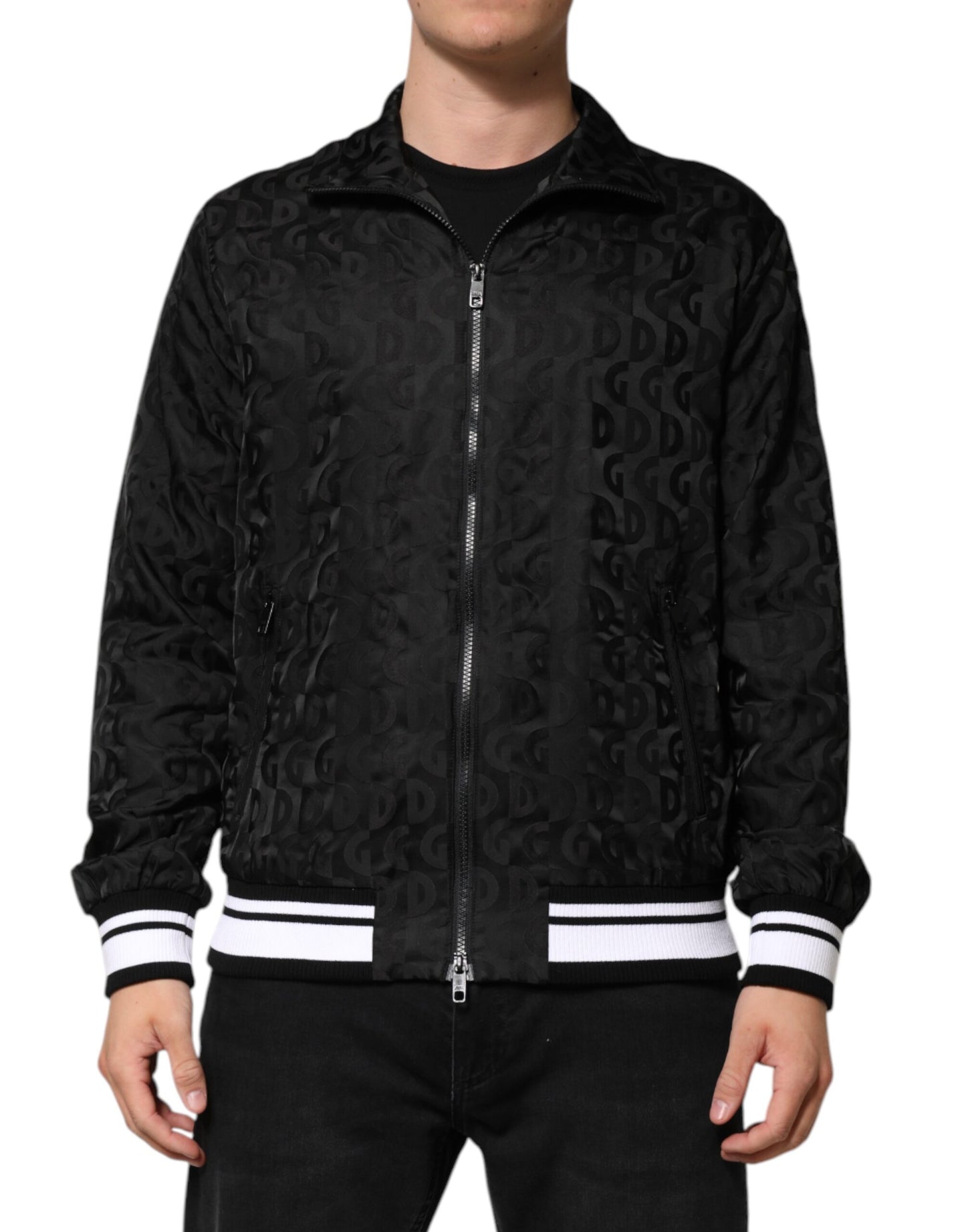 Black Jacquard Men Full Zip Bomber Sweater