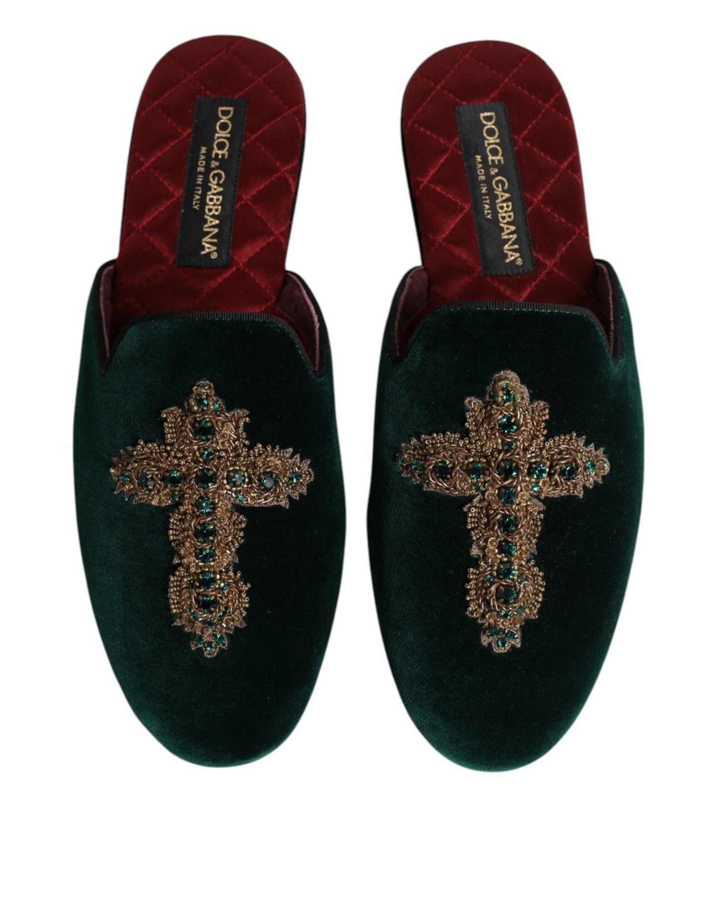 Green Velvet Cross Embellished Slippers Shoes