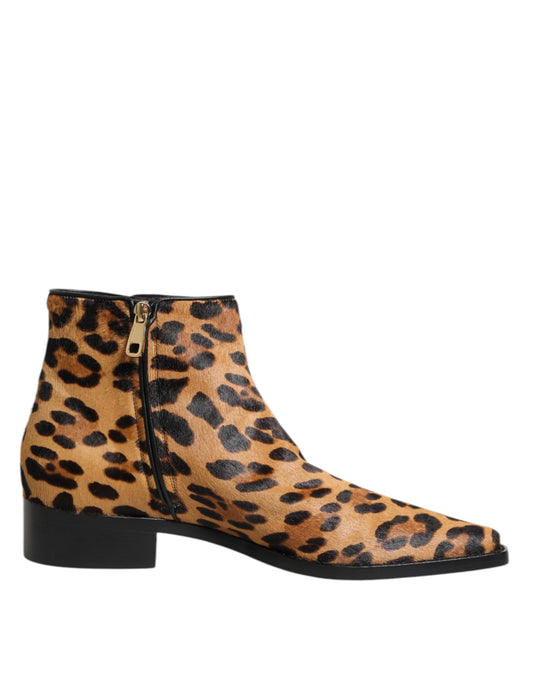 Brown Leopard Calf Fur Ankle Boots Shoes