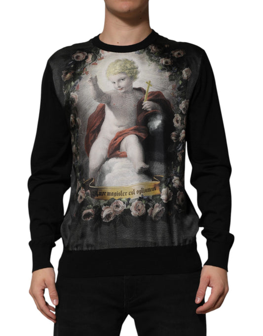 Black Cashmere Cherub Print Baroque Sweater