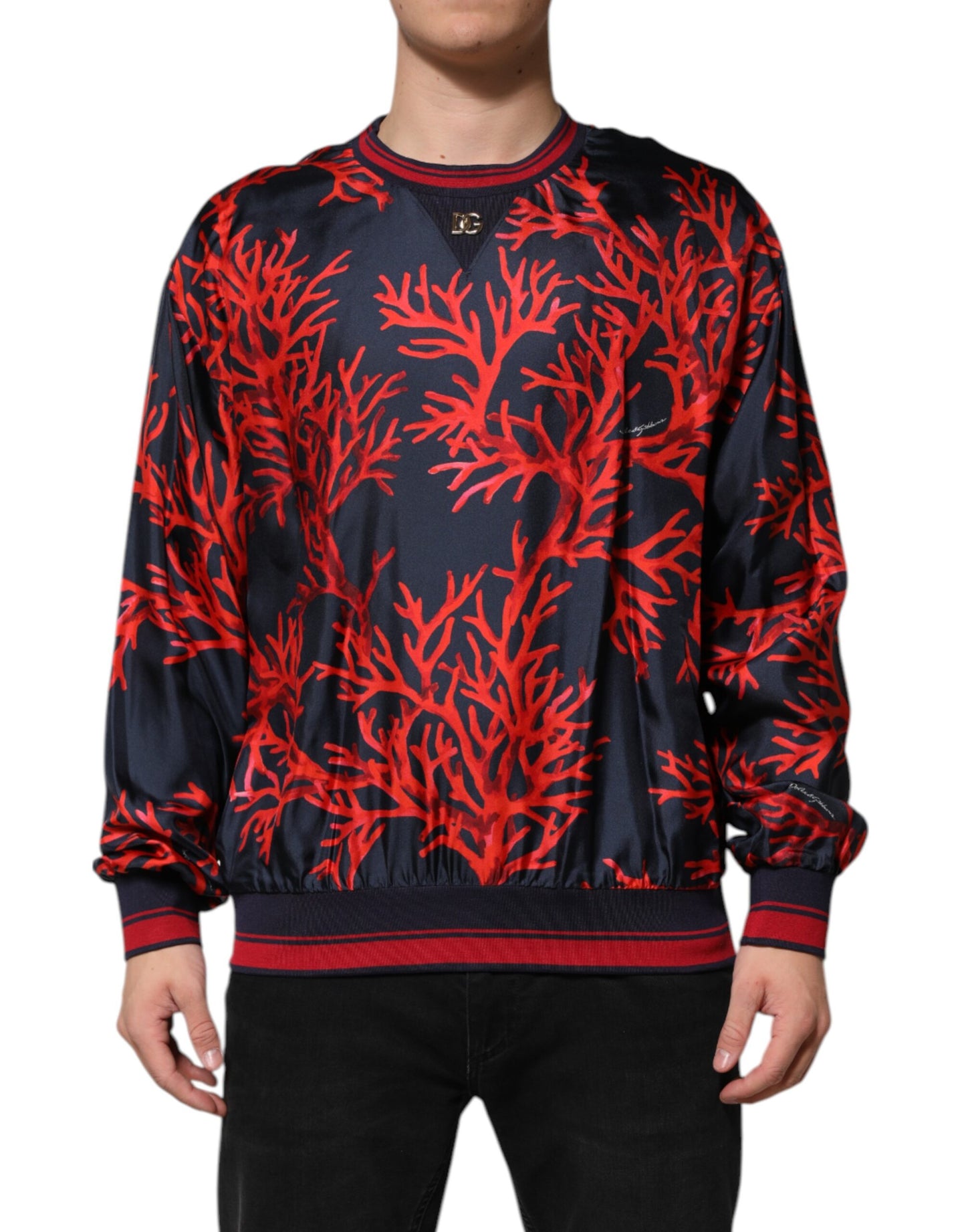 Navy Red Silk Coral Print Pullover Sweater