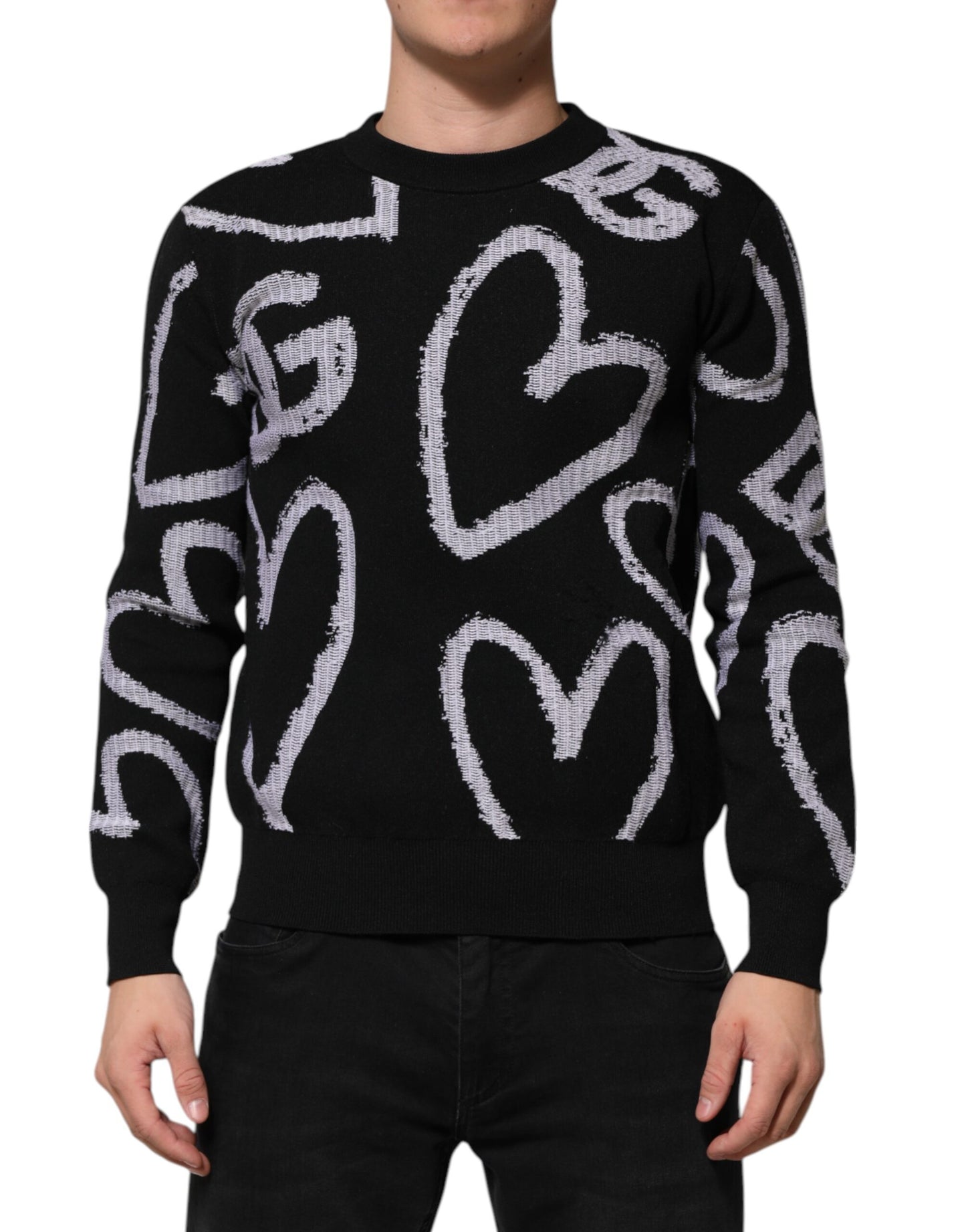 Black Nylon Wool Heart Print Pullover Sweater
