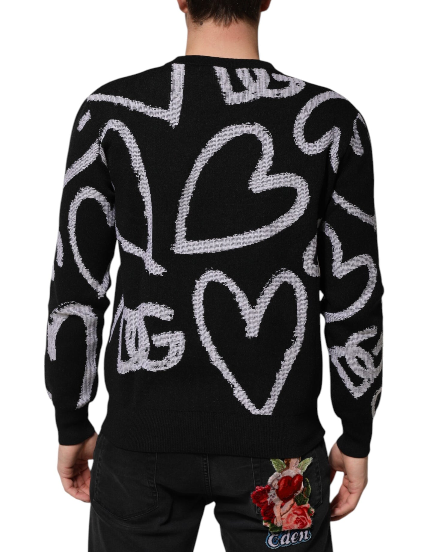 Black Nylon Wool Heart Print Pullover Sweater