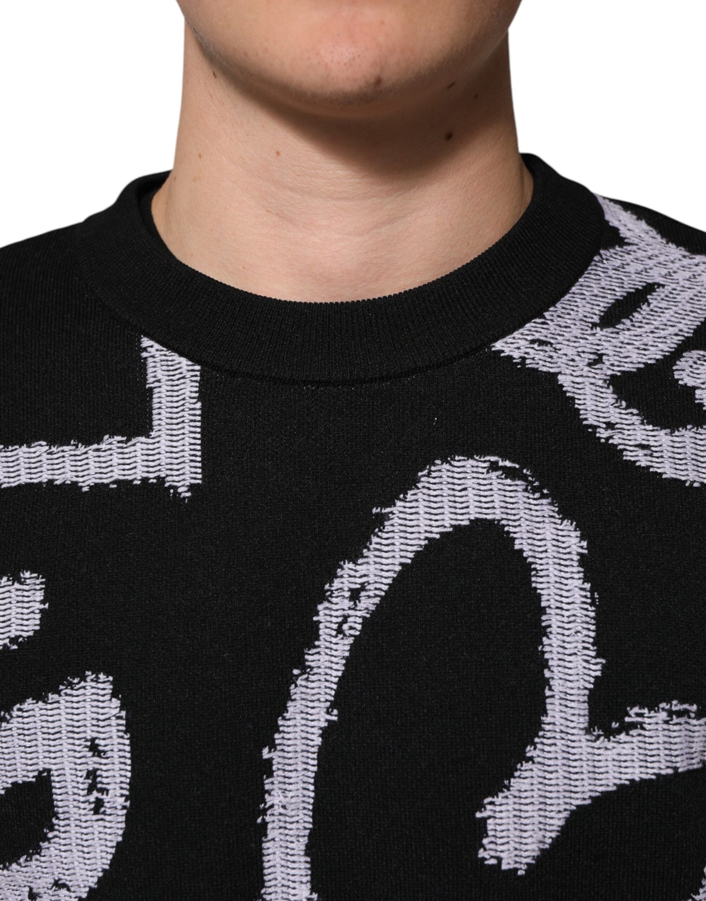 Black Nylon Wool Heart Print Pullover Sweater
