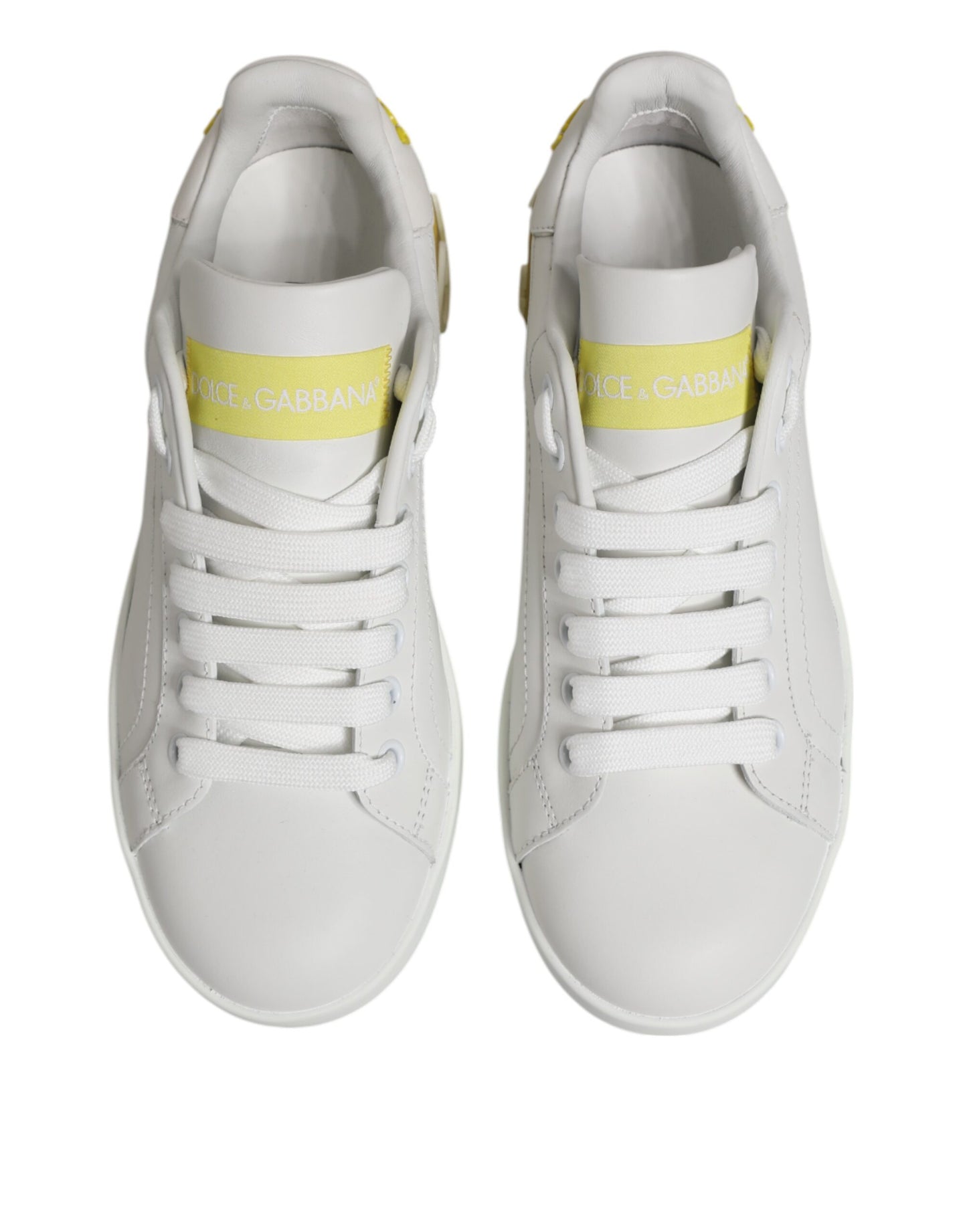 White Yellow Leather Low Top Sneakers Shoes
