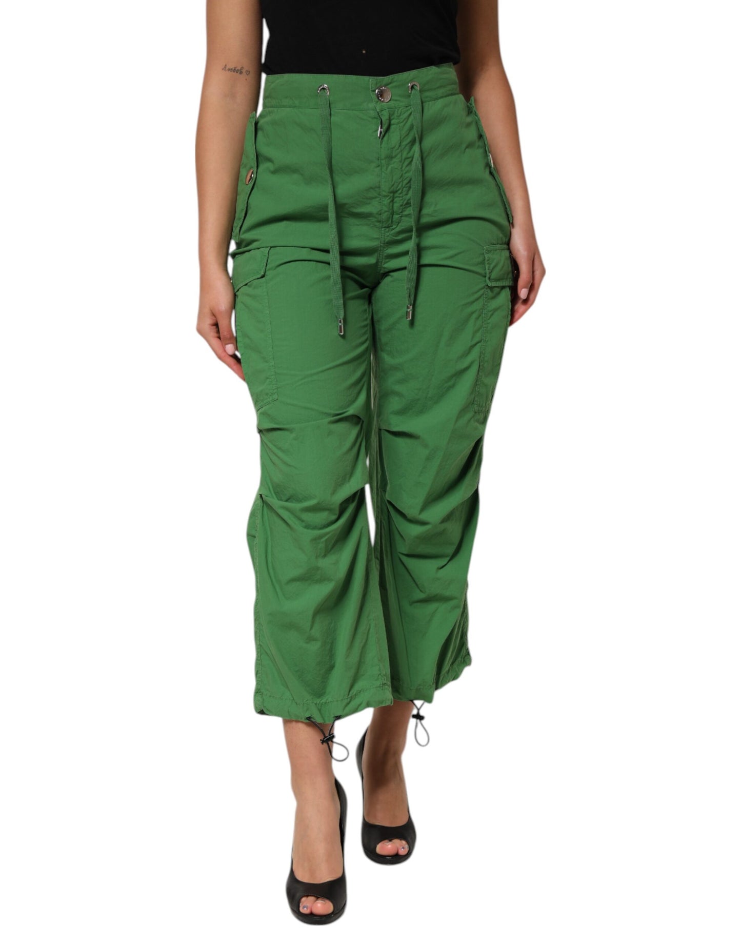 Green Cotton High Waist Cargo Trouser Pants