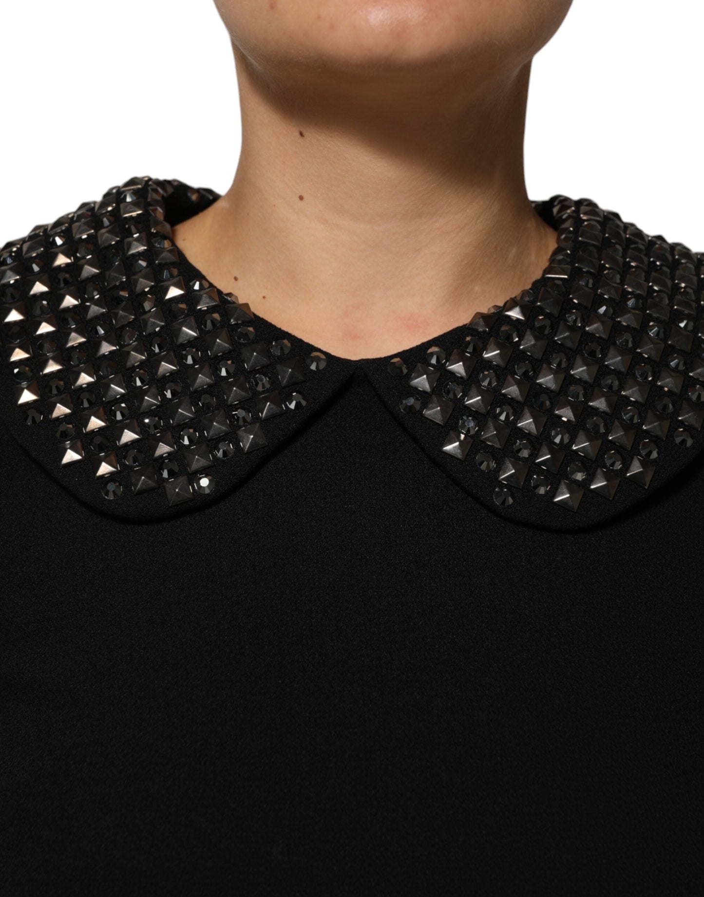 Black Crystal Embellished Collared Mini Dress