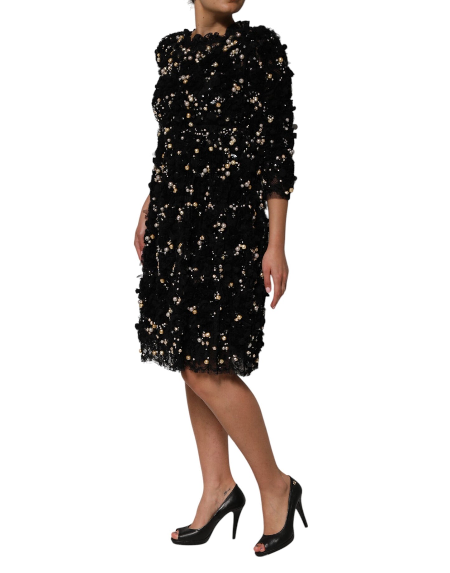 Black Viscose Pearl Embellishment Shift Dress