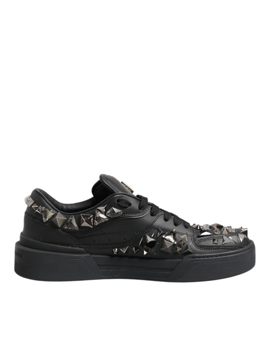 Black Leather Studded Low Top Sneakers Shoes