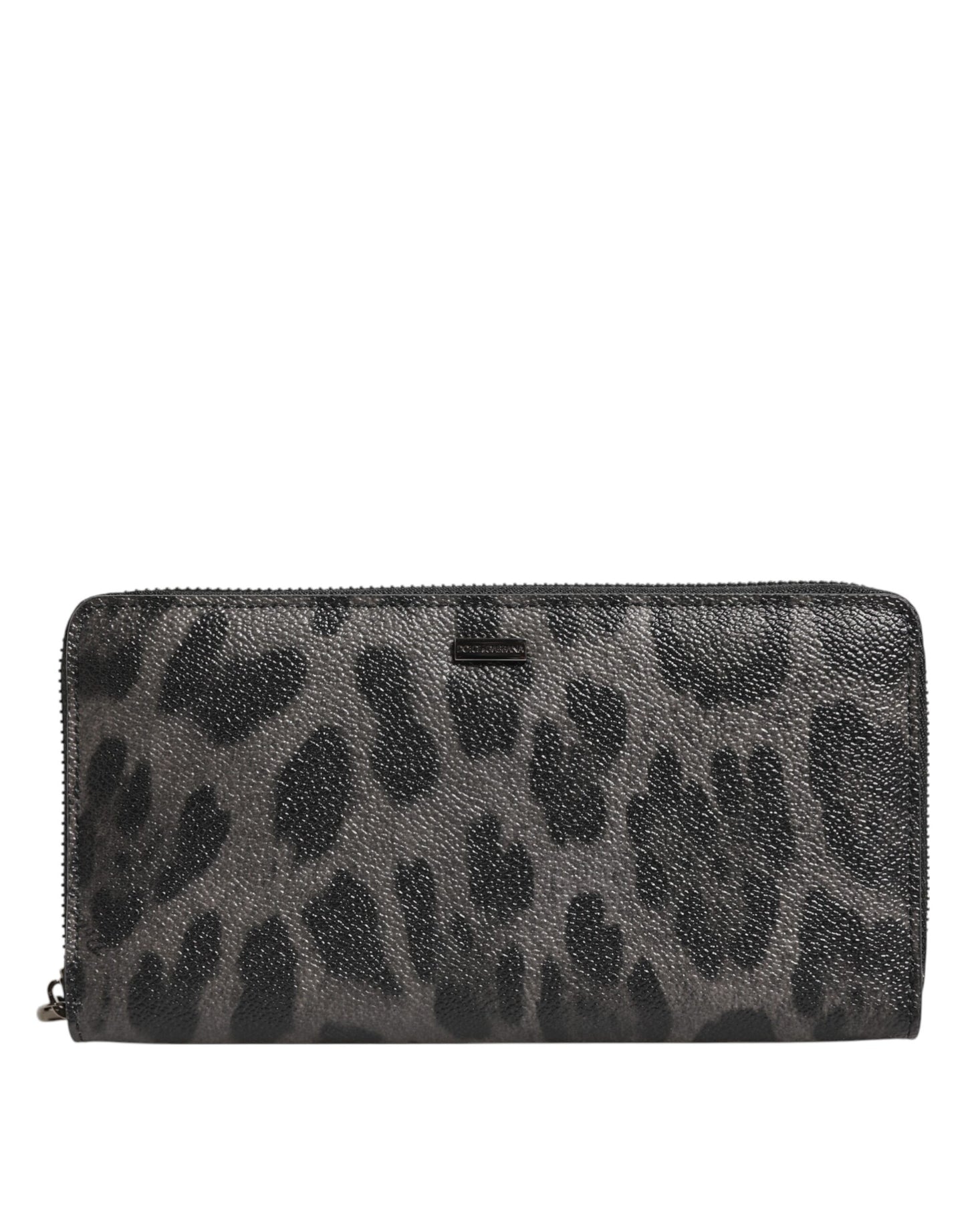 Black Gray Leopard Leather Zip Around Continental Wallet