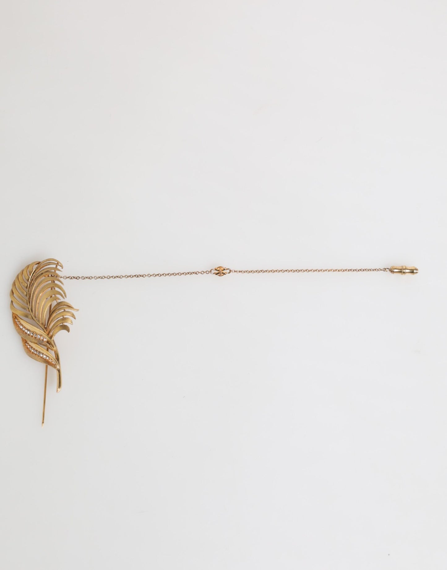 Gold Tone Leaf 925 Sterling Silver Crystal Chain Brooch