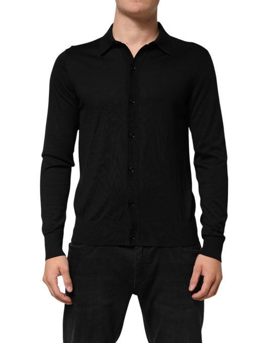 Black Silk Button Up Lightweight Sweater