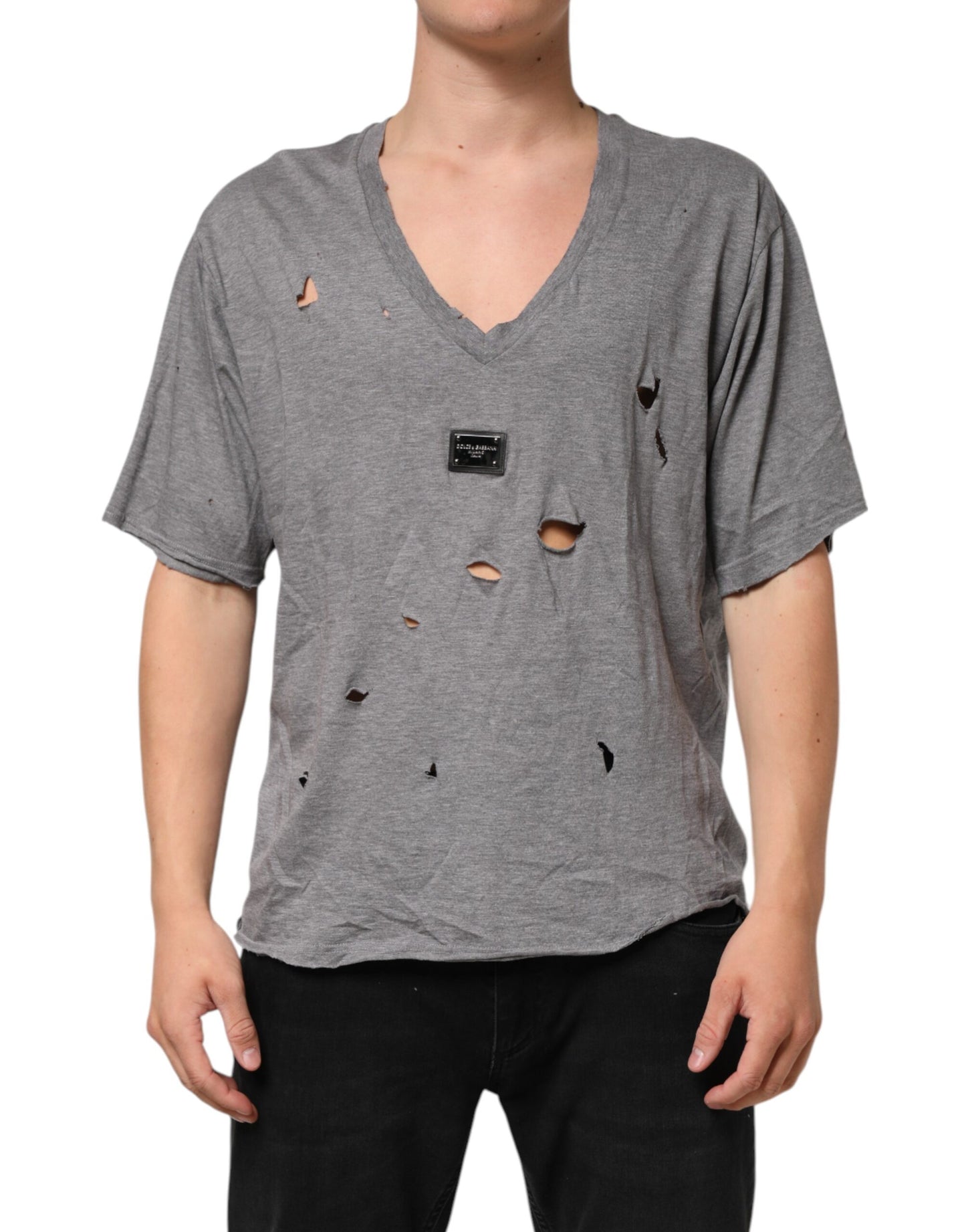 Gray Cotton Tattered Logo Patch Men T-shirt