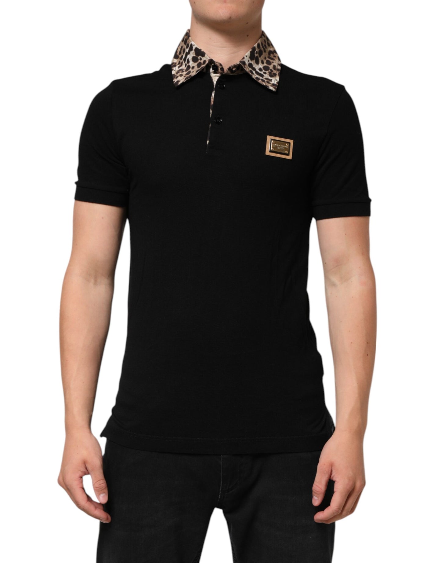 Black Cotton Leopard Collar Polo T-shirt