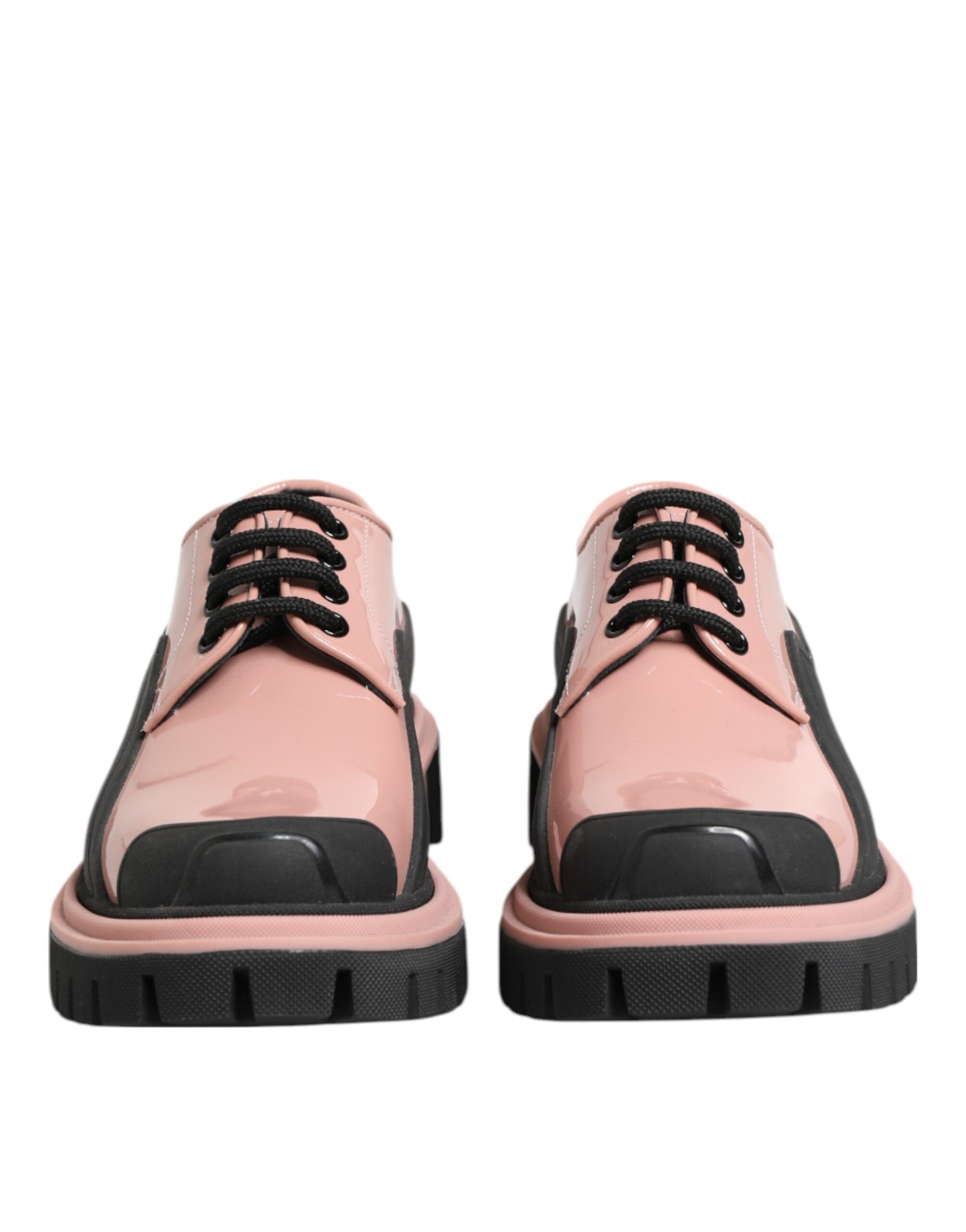 Light Powder Pink Black Leather Lace-Up Shoes