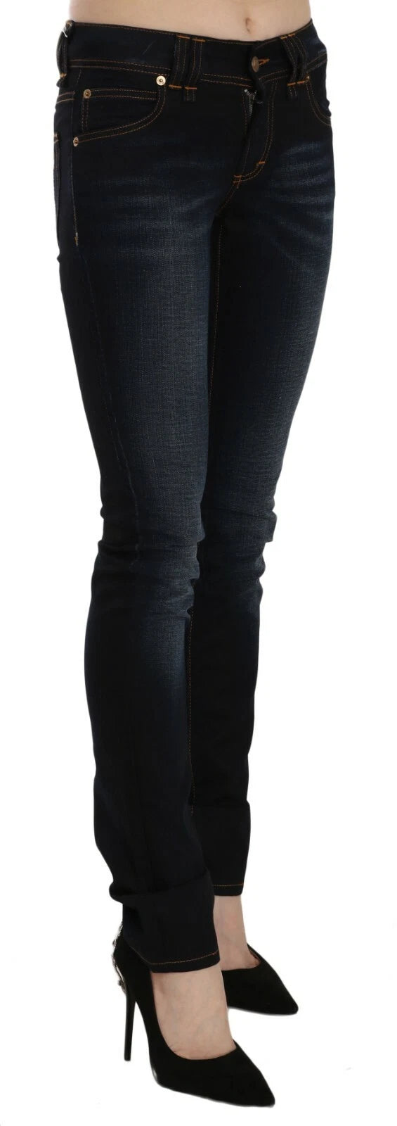 Dark Blue Mid Waist Slim Fit Denim Casual Pants Jeans