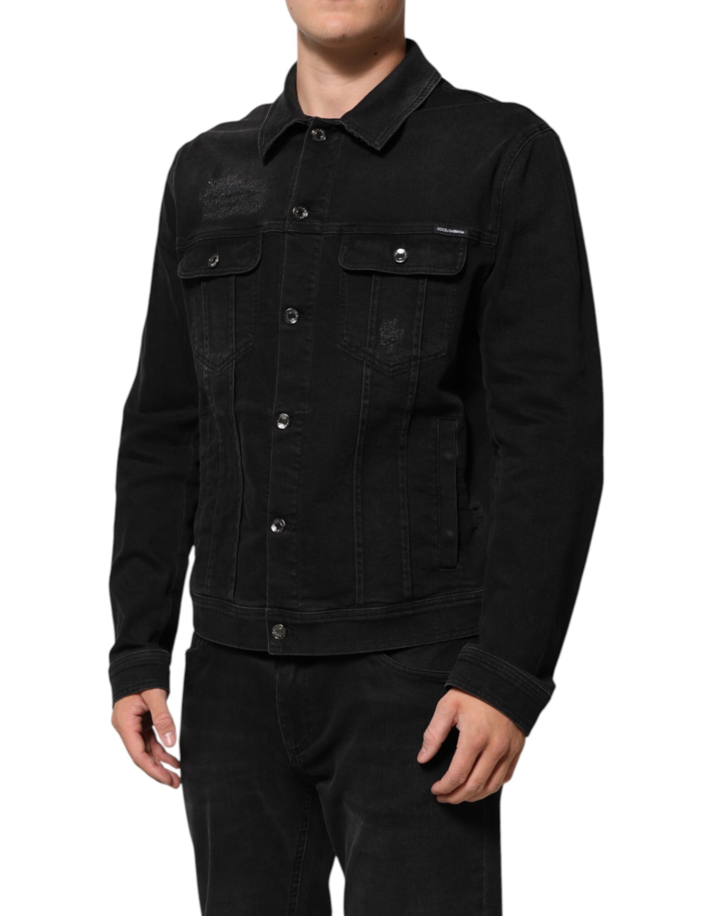 Black Cotton Denim Stretch Button Up Jacket