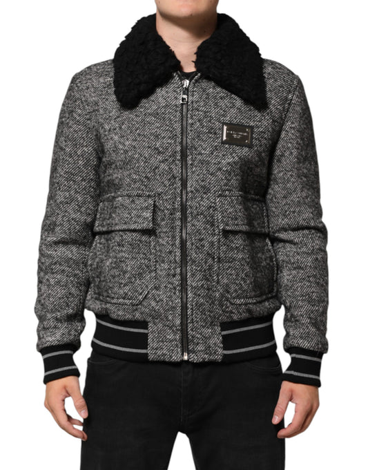 Gray Wool Herringbone Shearling Collar Bomber Jacket