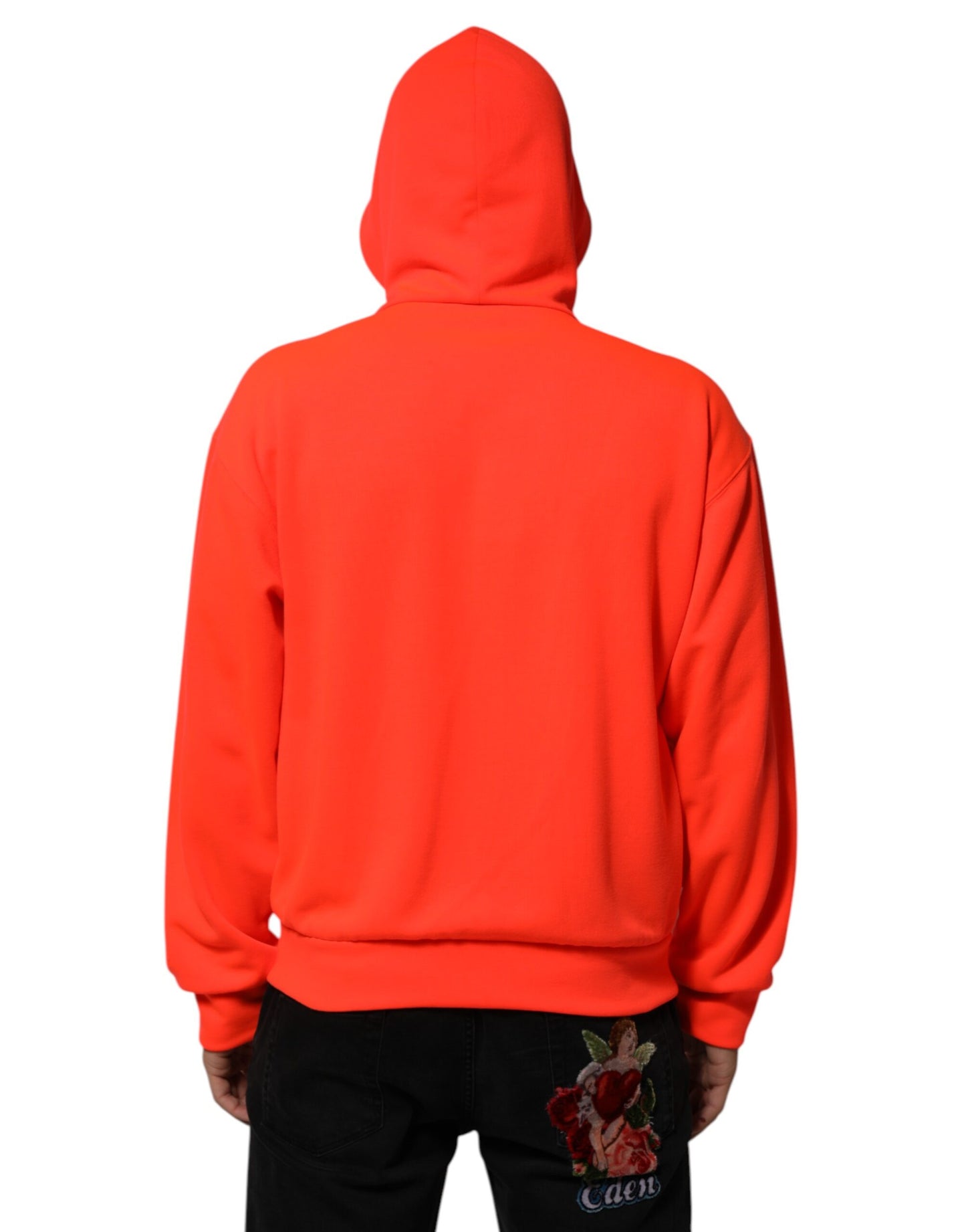 Red Fluorescent Polyester Logo Patch Hoodie Sweater