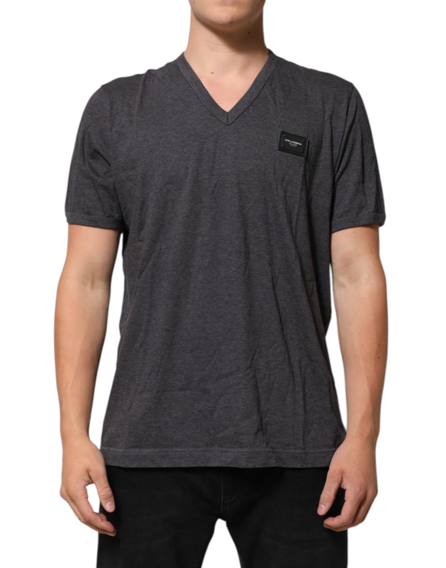 Grey Cotton V-Neck Logo Plaque Melange T-Shirt