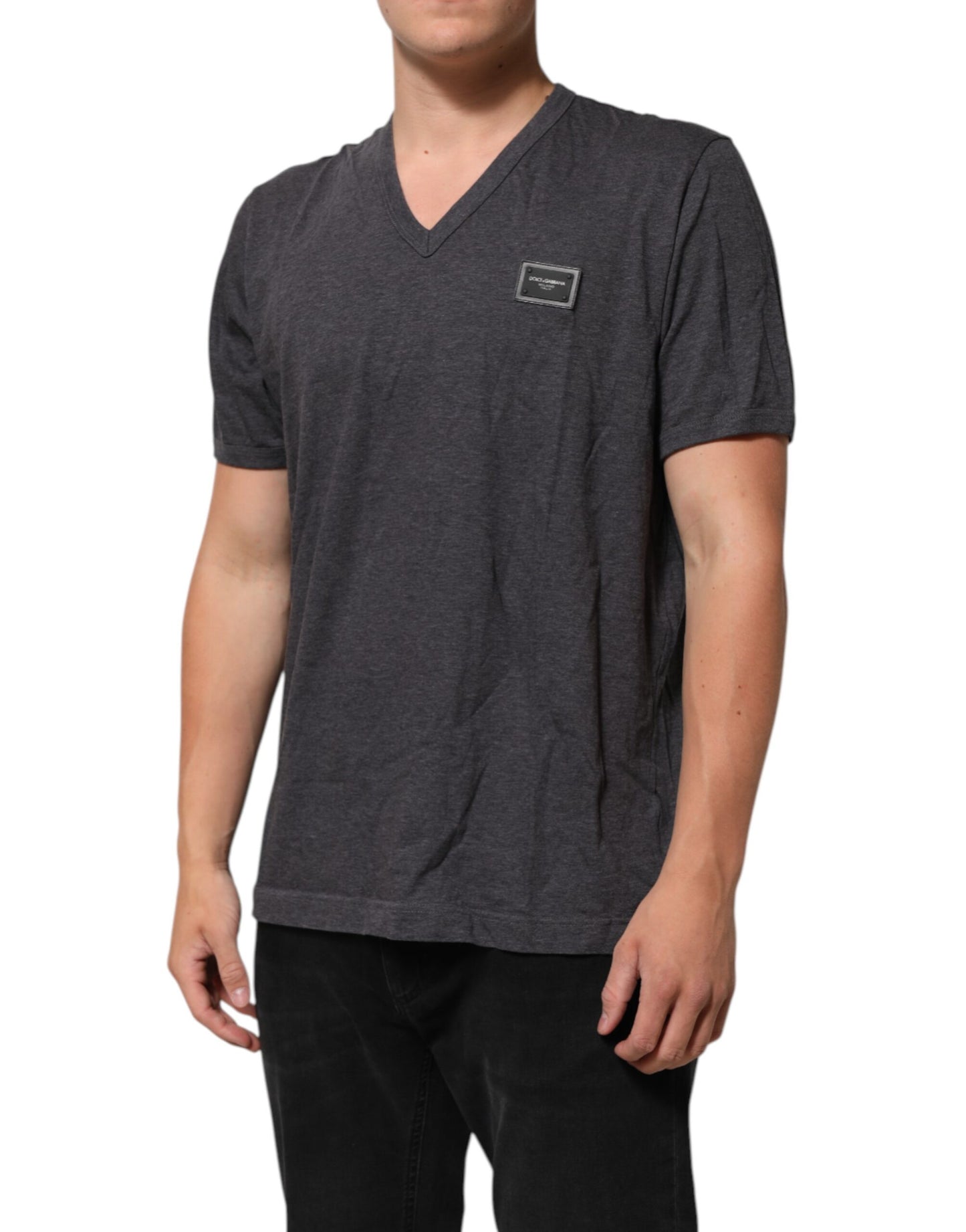 Grey Cotton V-Neck Logo Plaque Melange T-Shirt