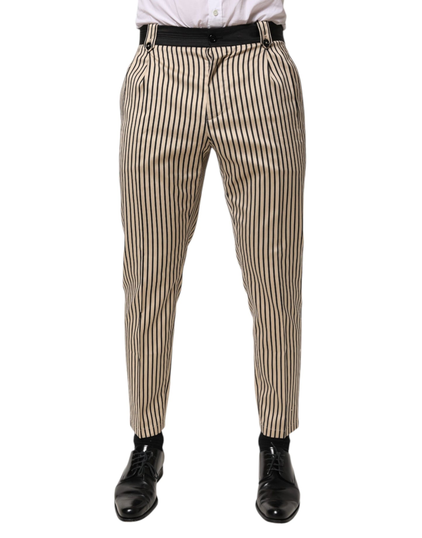 Beige Black Striped Cotton Slim Fit Trousers Pants