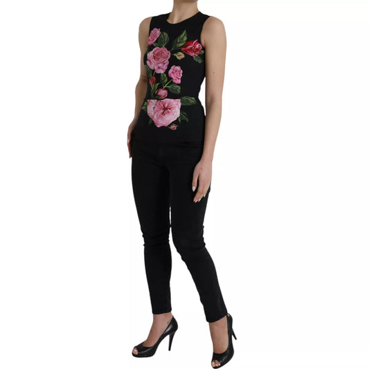 Black Floral Viscose Round Neck Tank Top