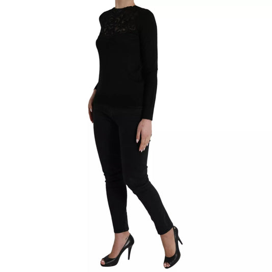 Black Silk Lace Trim Long Sleeves Blouse Top