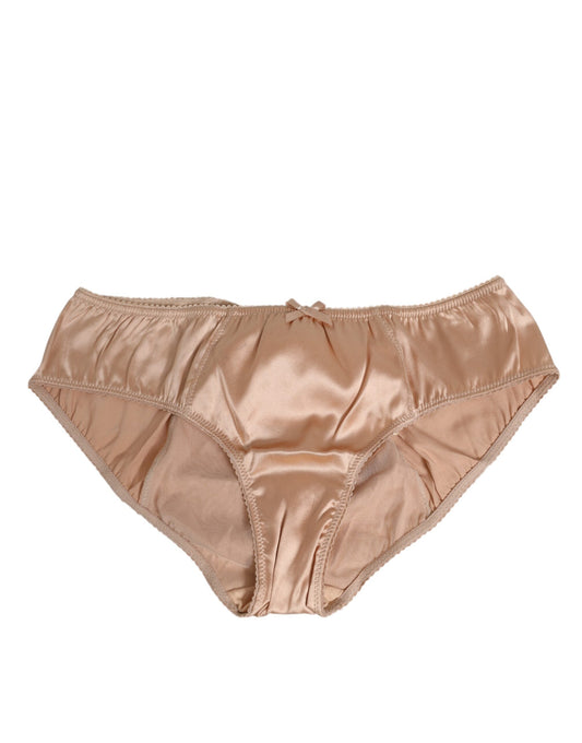 Nude Beige Silk Satin Bow Lace Trim Underwear