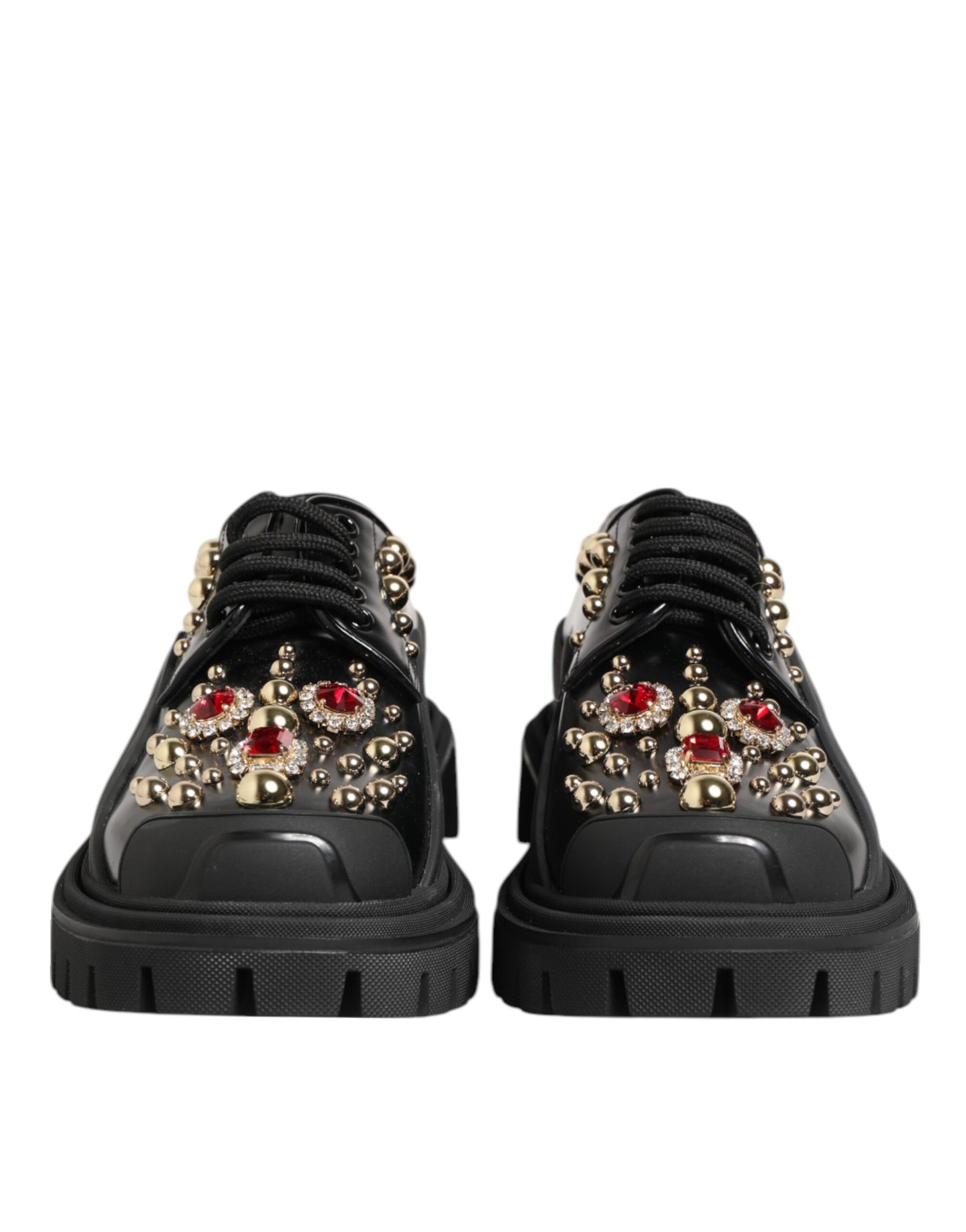 Black Leather Jeweled Crystals Derby Shoes