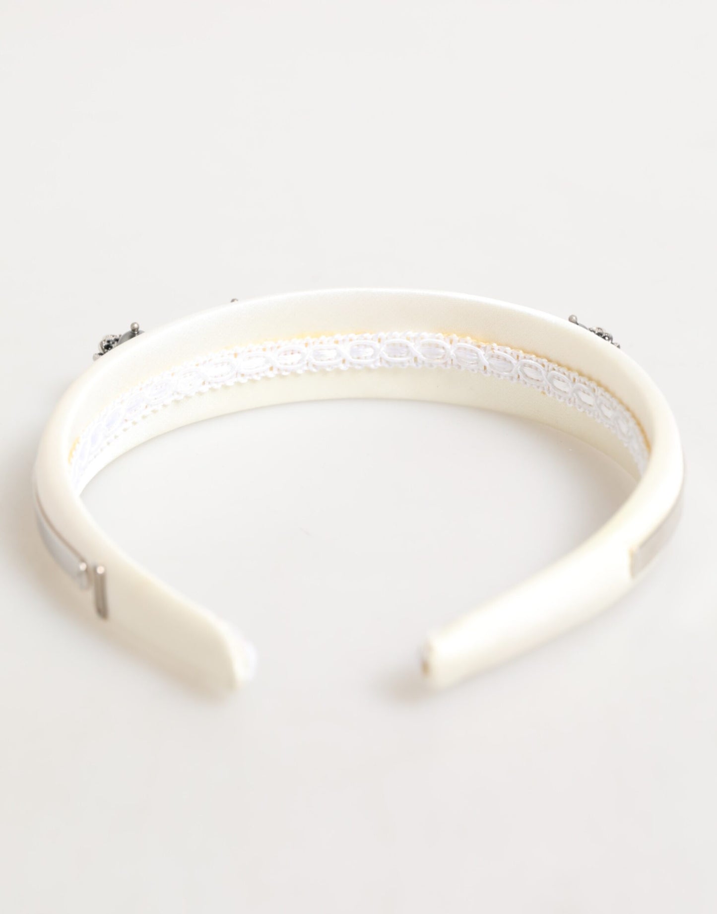 White Satin Palladium Silver Floral Crown Tiara Headband