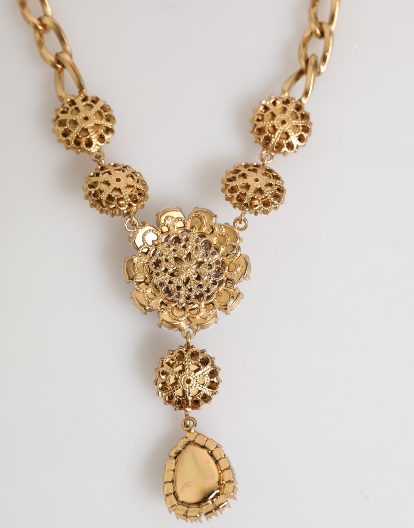 Gold Brass Crystal Pearl Purple Floral Pendant Jewelry Necklace