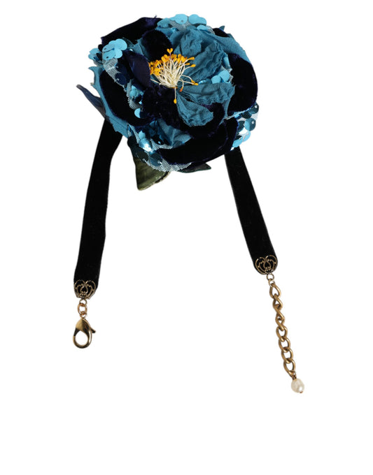 Blue Floral Appliqué Velvet Choker Crystal Beads Necklace