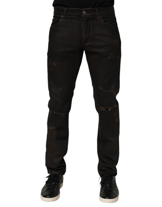 Dark Brown Tattered Cotton Skinny Denim Jeans