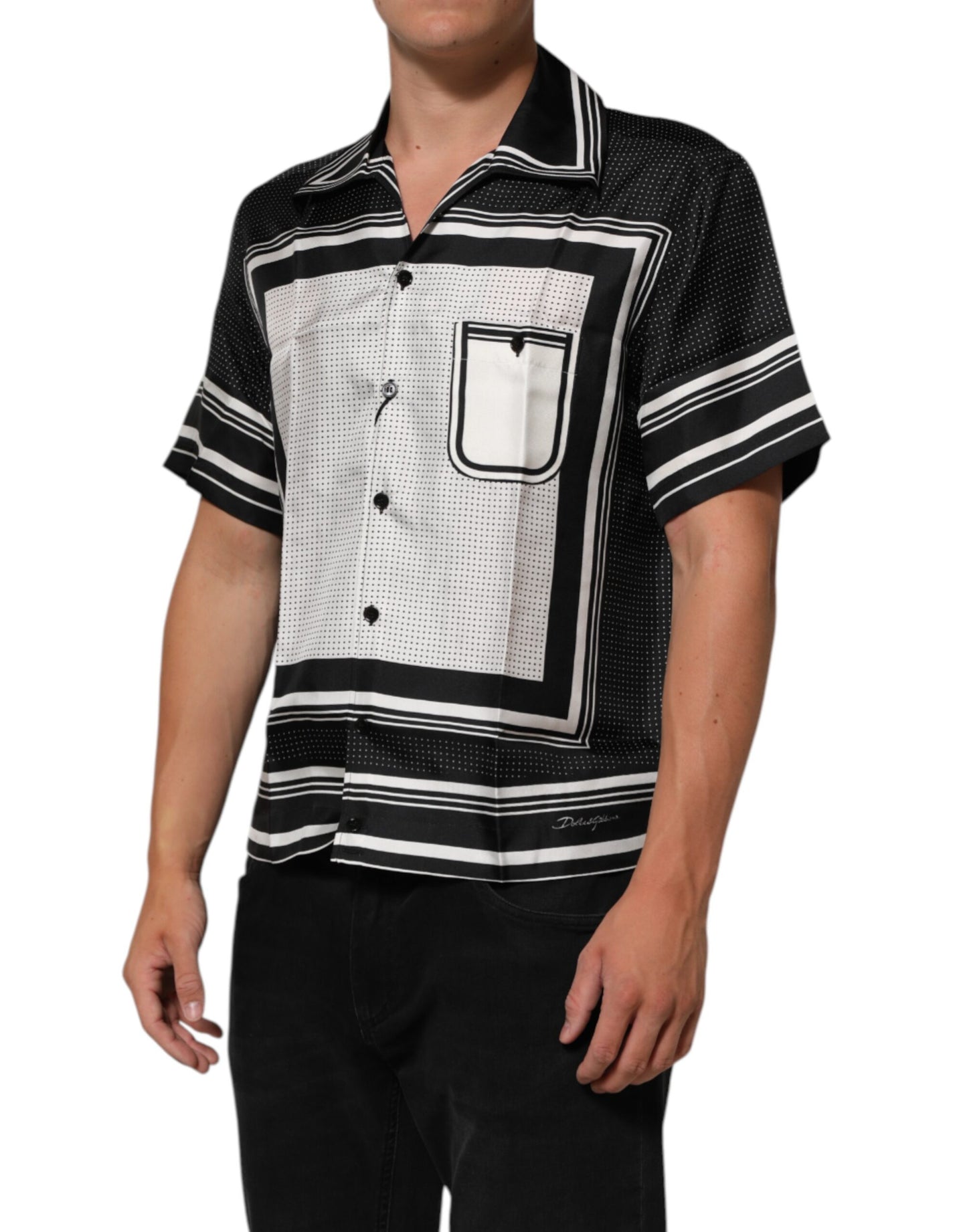 Black White StripeDot Print Casual Polo Shirt