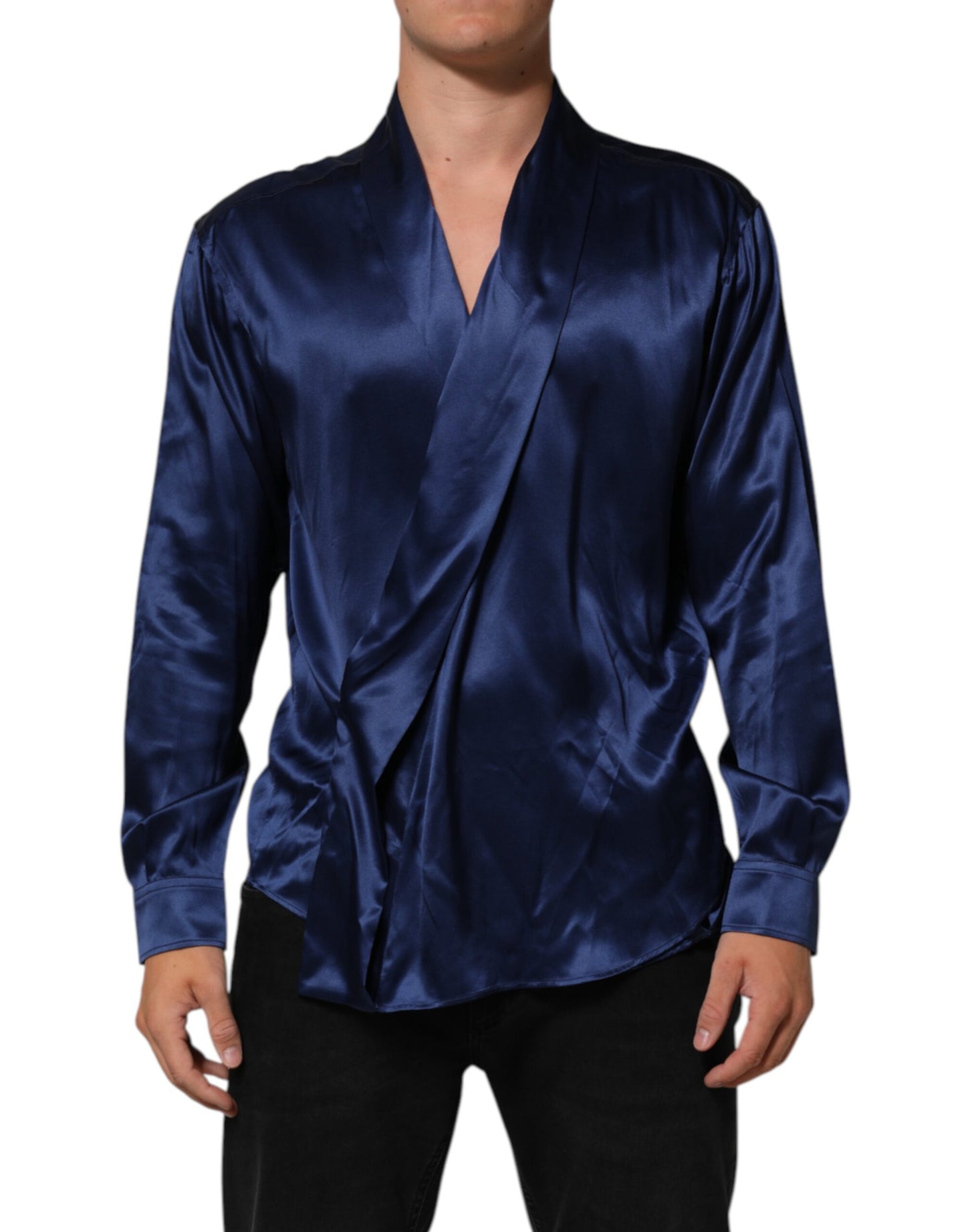 Blue Oversize Silk Satin Long Sleeves Shirt