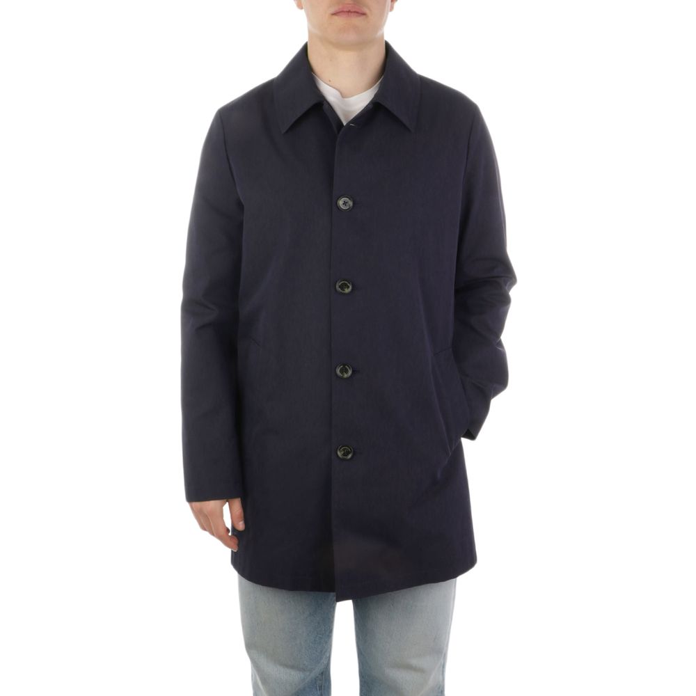 Blue Cotton Men Trench Coat