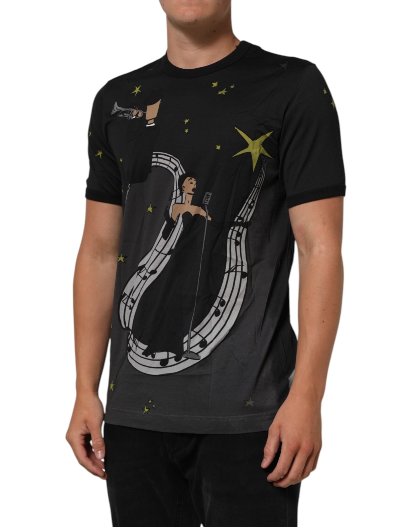Black Musical Print Cotton Crew Neck T-shirt
