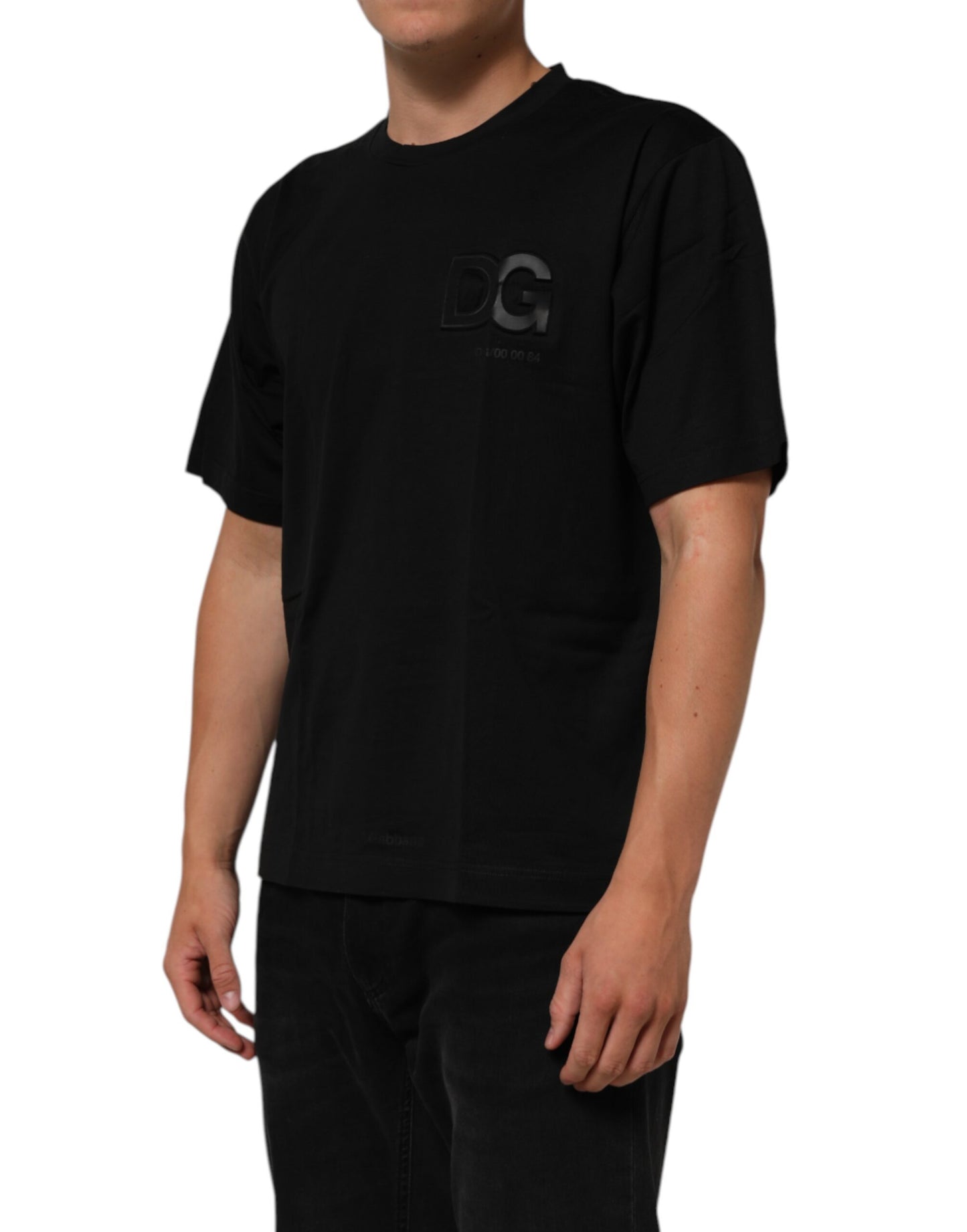 Black Logo Patch Cotton Men Crew Neck T-shirt