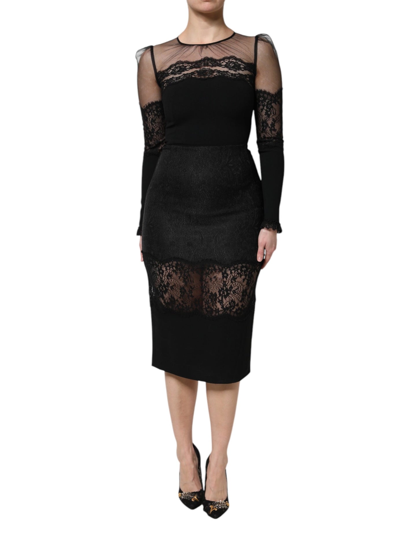 Black Lace Trim Nylon Tulle SheathMidi Dress