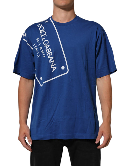 Blue Logo Print Cotton Crew Neck Men T-shirt