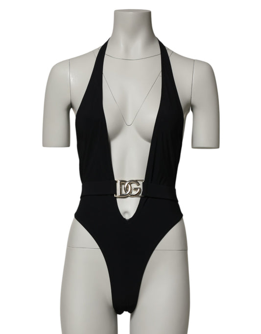 Black Nylon Deep V-Neck One Piece Swimwear