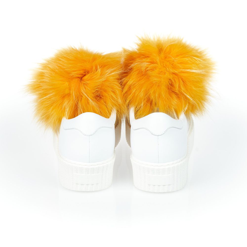 White Textile Women Sneaker with Fur Pom Poms