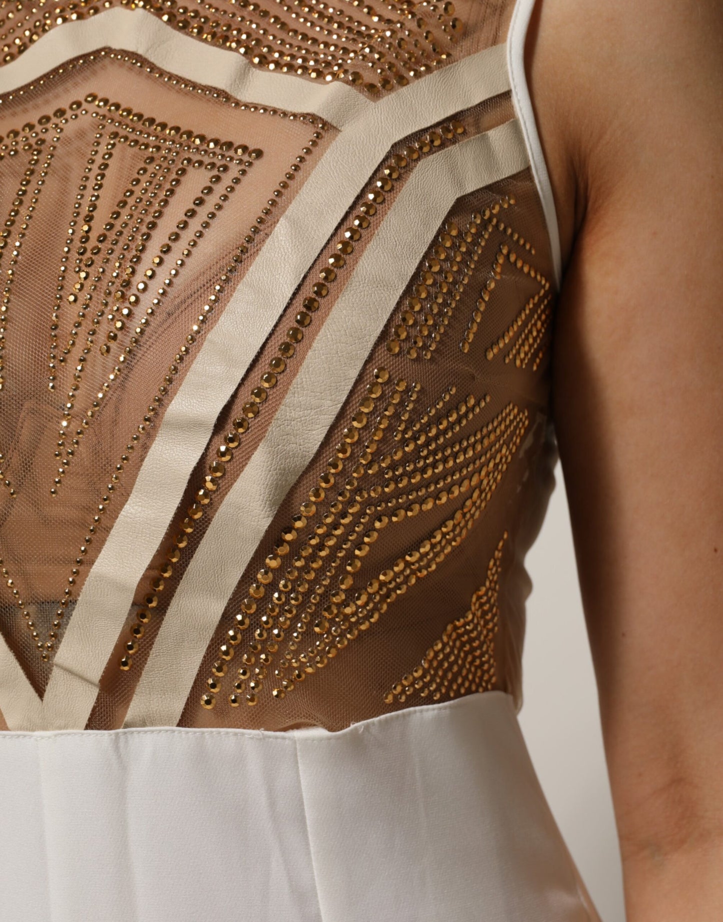 White Beige Mesh Crystal Embellished Sleeveless Jumpsuit