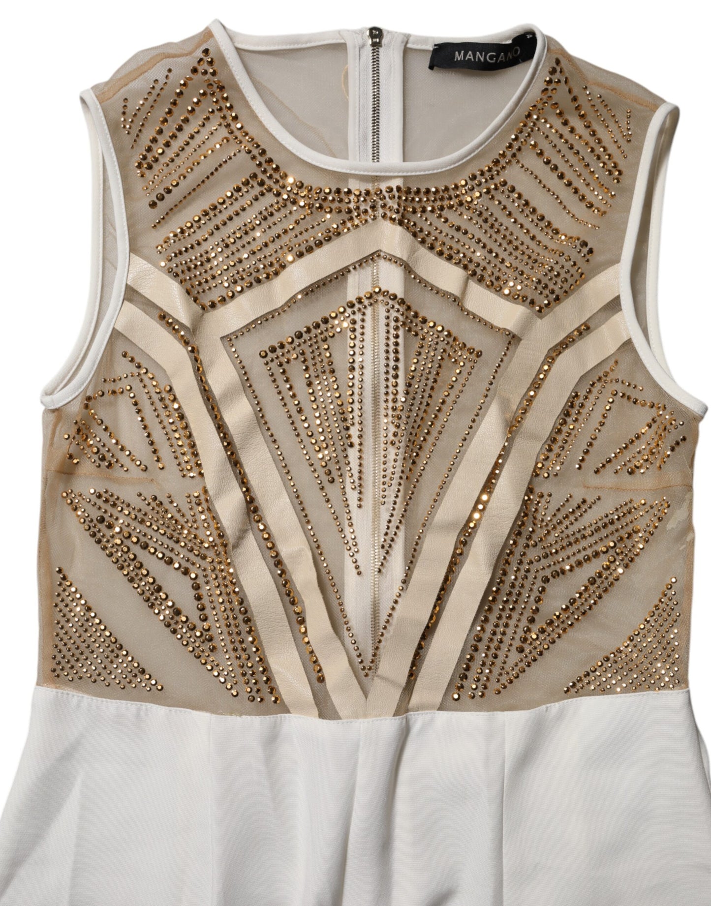 White Beige Mesh Crystal Embellished Sleeveless Jumpsuit