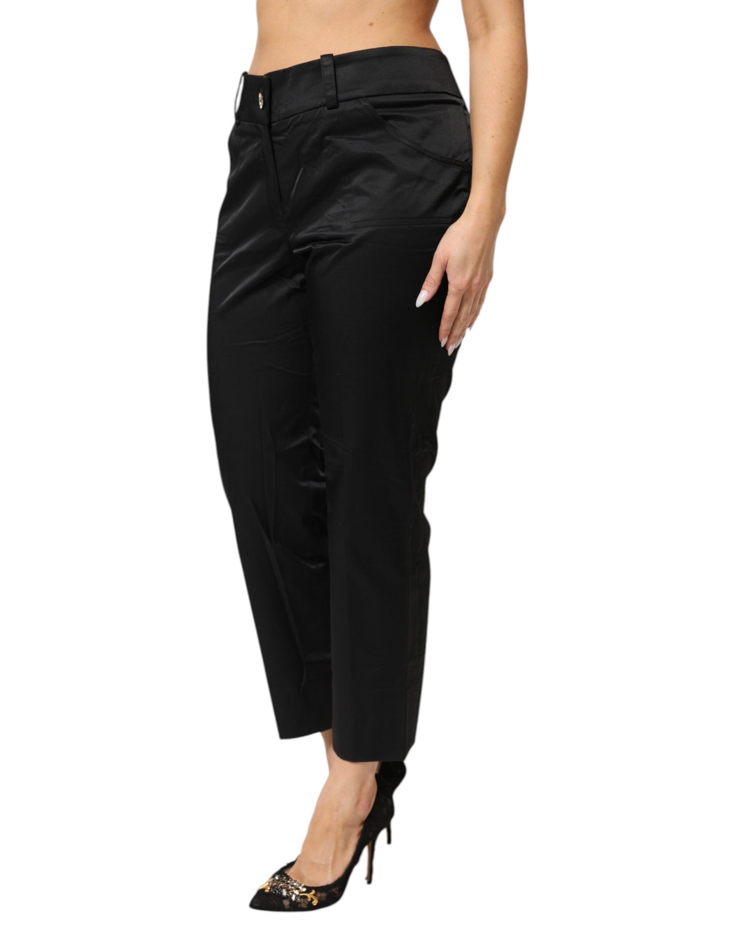 Black Cotton Blend Cropped Straight Leg Pants