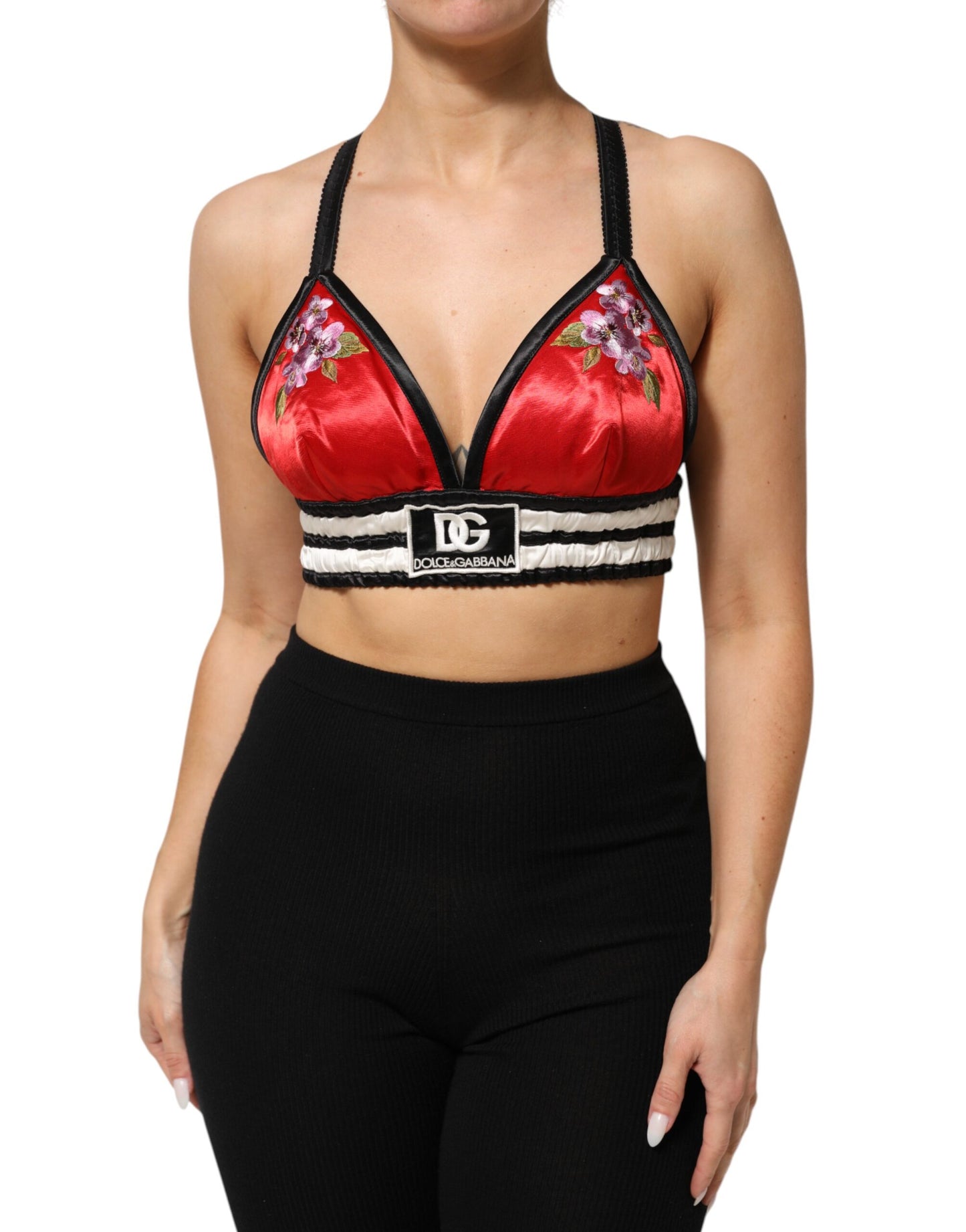 Red Satin Floral Embroidered Bralette Crop Top