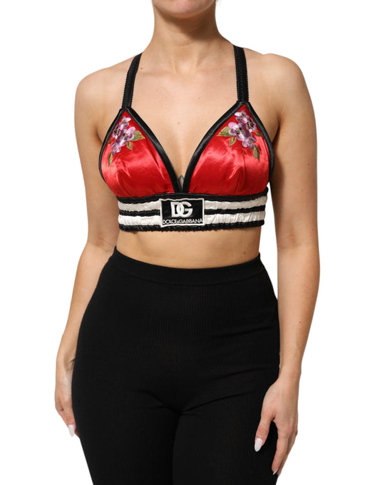 Red Satin Floral Embroidered Bralette Crop Top