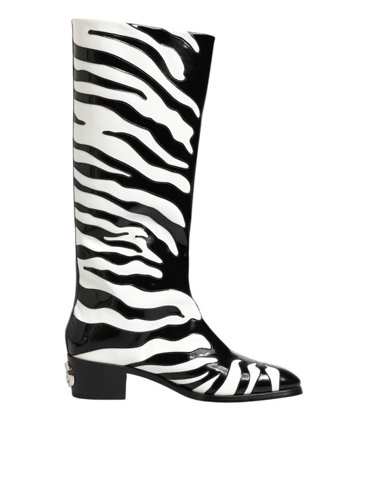 Black White Zebra Over The Calf Boots Shoes