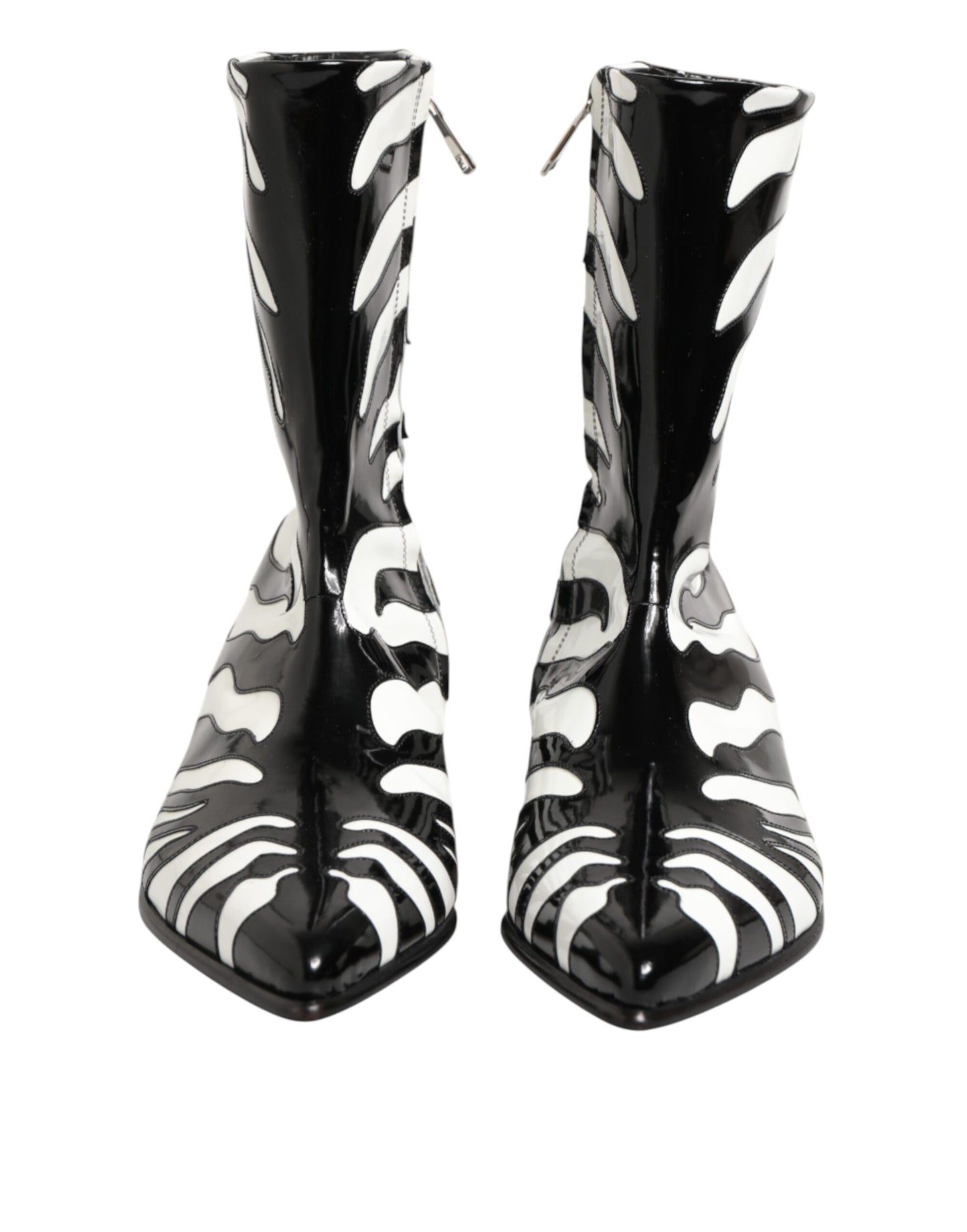 Black White Zebra Leather Mid Calf Boots Shoes